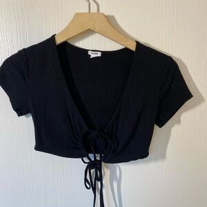 Garage Black Ribbed Tie-Front Crop Top